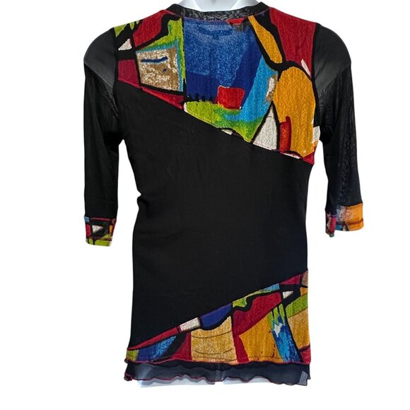 Lior Paris Multicolor Abstract Artsy Tunic Top Sz Large 3/4 Sleeves Art to Wear - Picture 2 of 9